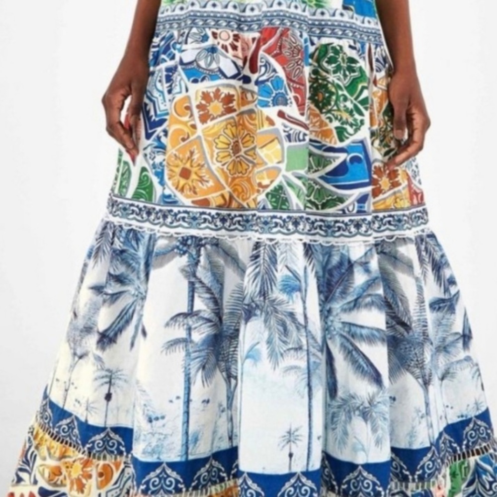 SOLD. NWT Farm Rio Tiered Blue Tiles Mixed Print Dress Medium - Picture 3 of 10